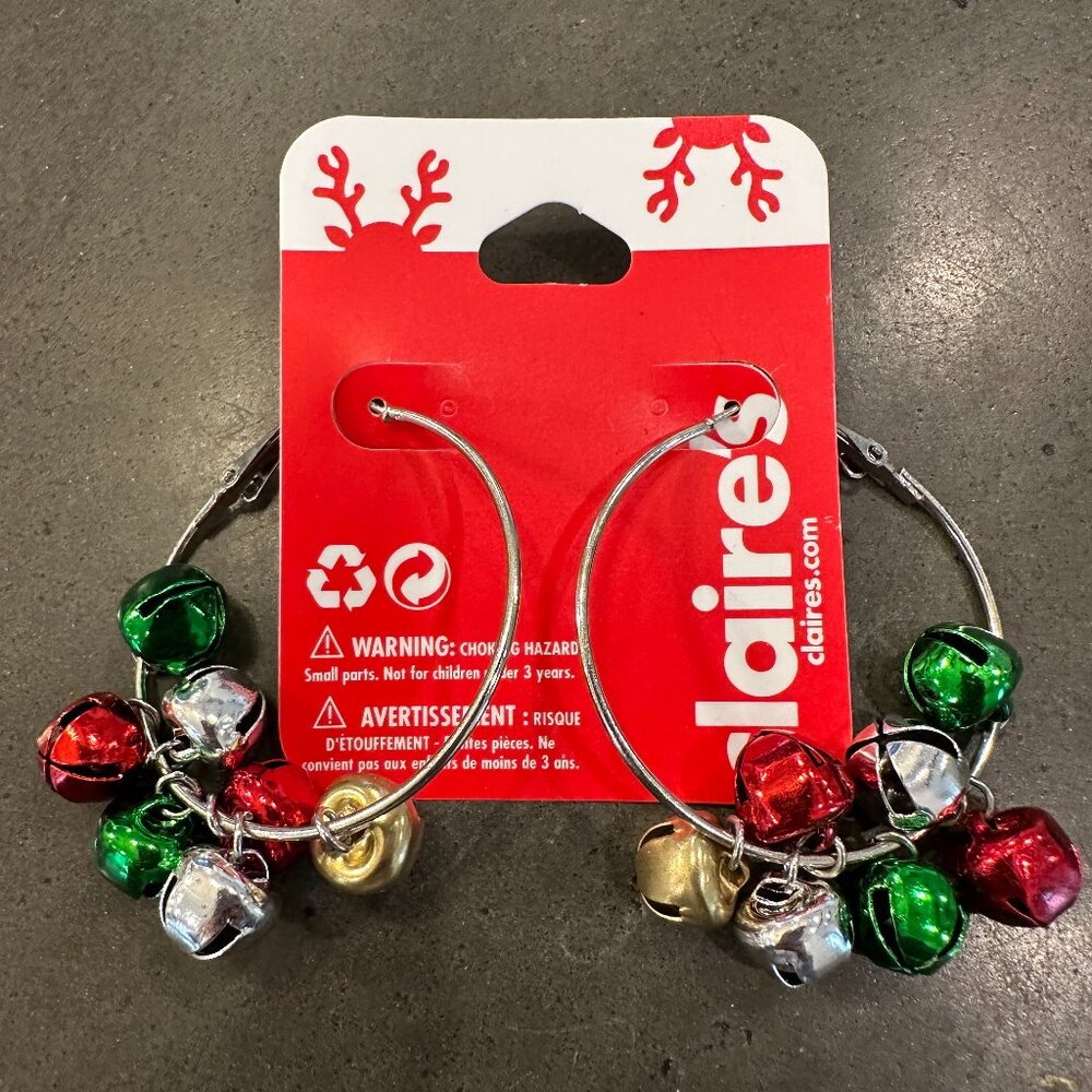 Claires Christmas Jingle Bell Charm Hoop Earrings Pierced Red Green Gold Silver